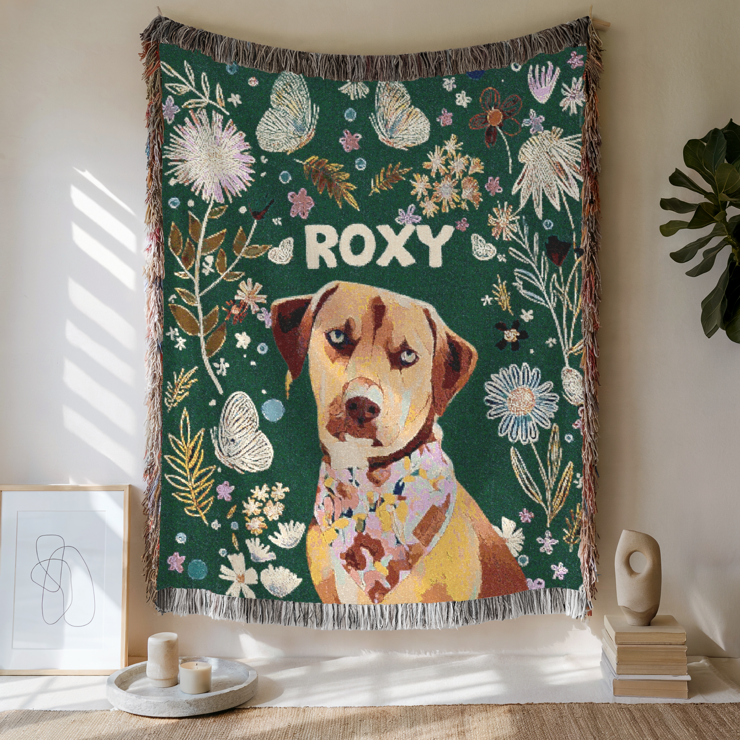 Custom Pet Floral Charm Woven Blanket, Custom Pet Photo And Name, Gift For Pet Lovers