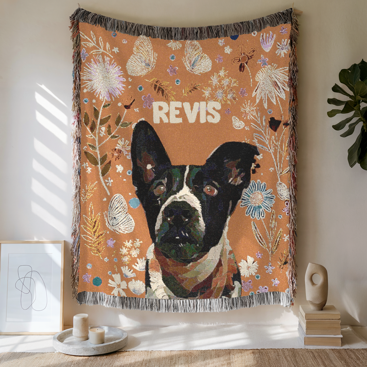 Custom Pet Floral Charm Woven Blanket, Custom Pet Photo And Name, Gift For Pet Lovers
