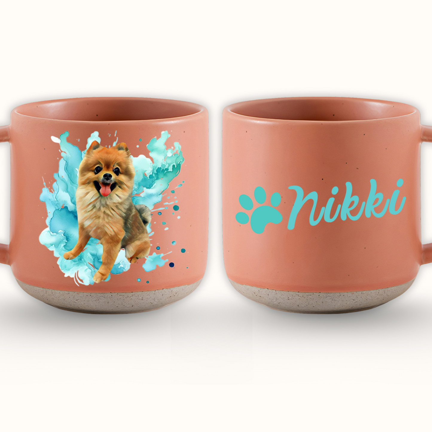 Personalized Pet Watercolor Art Pottery Mug 12oz, Custom 2 Sides Pet Photo And Name, Gift For Pet Owners