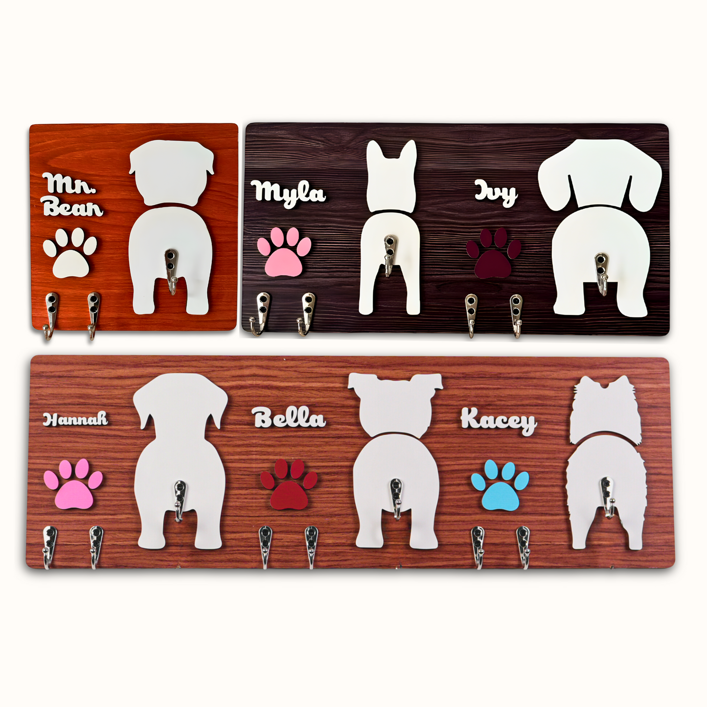Personalized Dog Leash & Key Holder – Custom 2-Layer Wooden Dog Silhouette