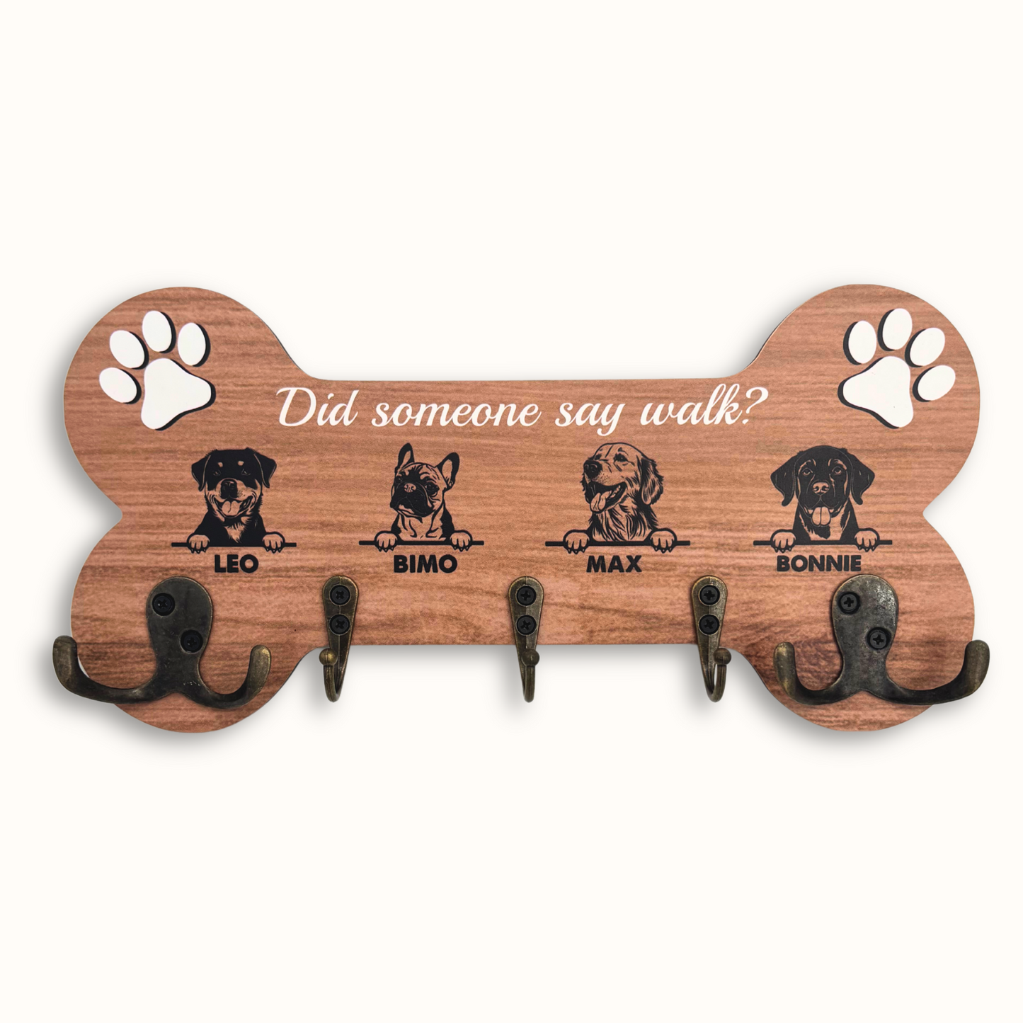 Did Someone Say Walk? – Personalized Dog Face Key & Leash Holder – Bone Shape Wooden Sign