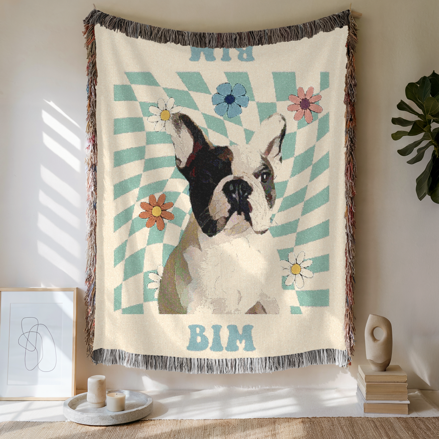 Custom Retro Daisy Grid Woven Blanket, Custom Pet Photo and Name, Gift For Pet Lovers