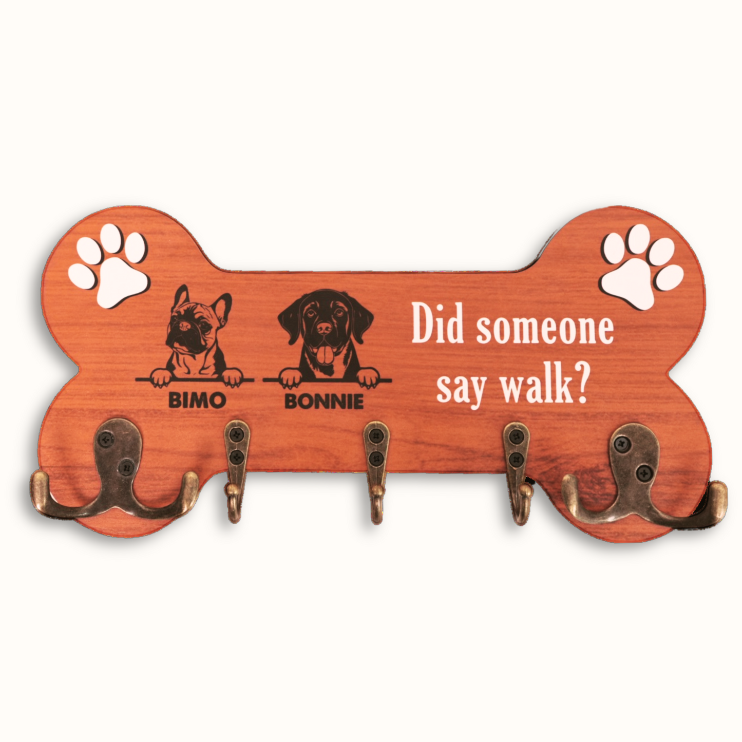 Did Someone Say Walk? – Personalized Dog Face Key & Leash Holder – Bone Shape Wooden Sign