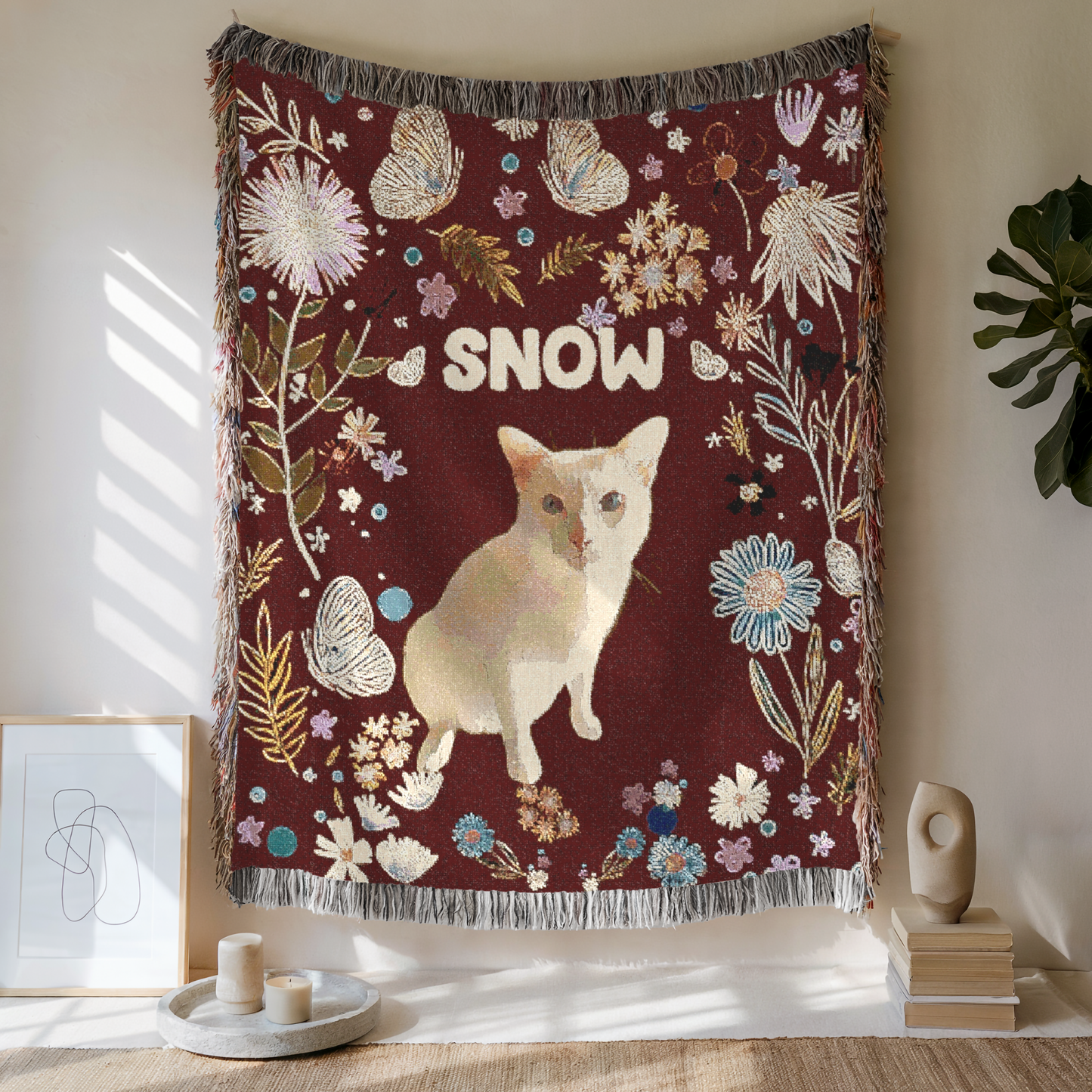 Custom Pet Floral Charm Woven Blanket, Custom Pet Photo And Name, Gift For Pet Lovers
