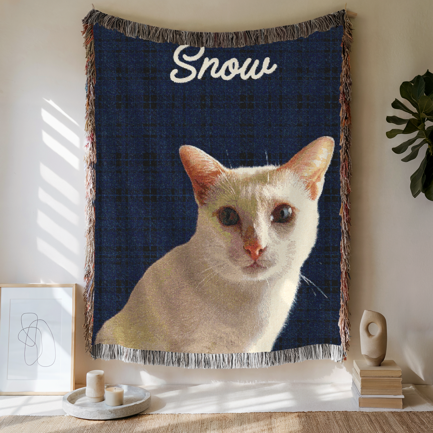 Custom Pet Plaid Woven Blanket, Custom Pet Photo And Name, Gift For Pet Lovers, Personalized Fringe Blanket