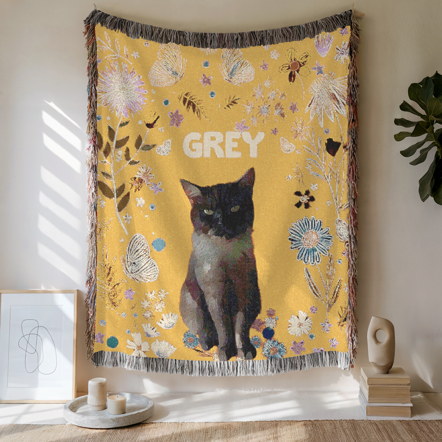 Custom Pet Floral Charm Woven Blanket, Custom Pet Photo And Name, Gift For Pet Lovers