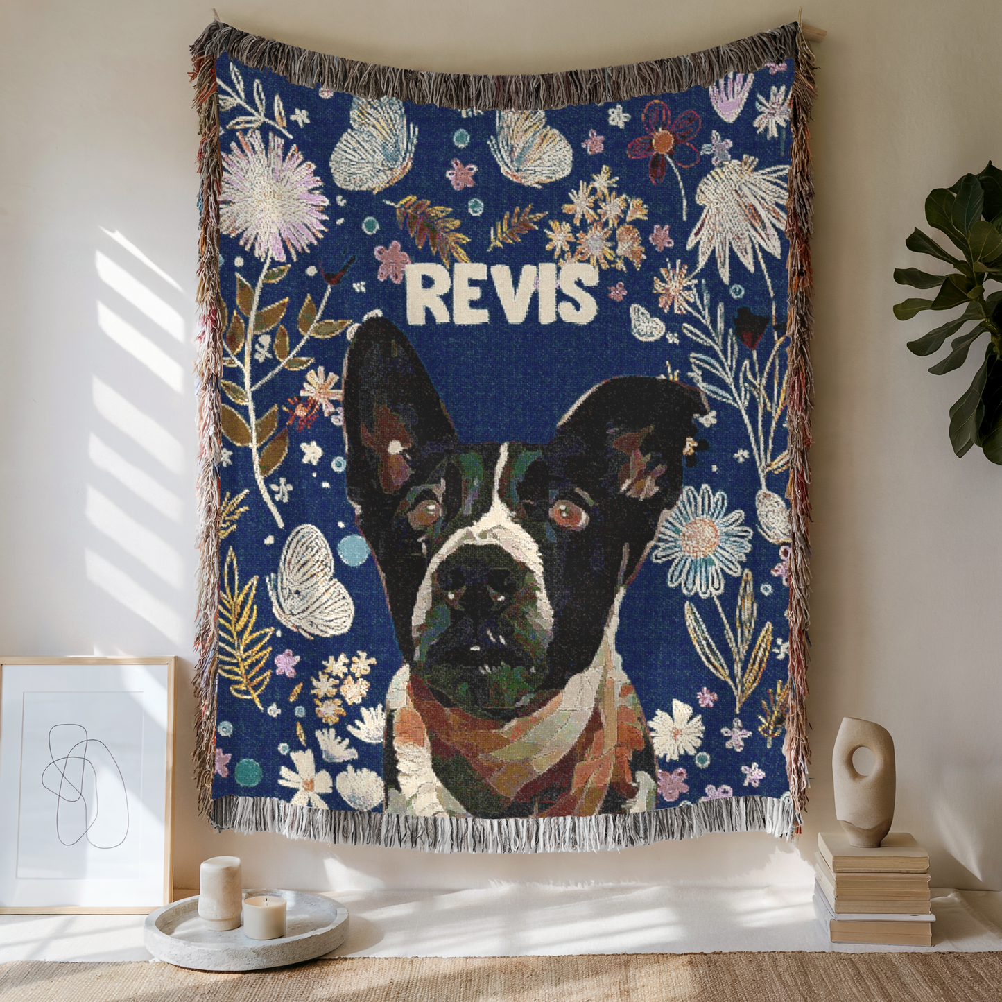 Custom Pet Floral Charm Woven Blanket, Custom Pet Photo And Name, Gift For Pet Lovers