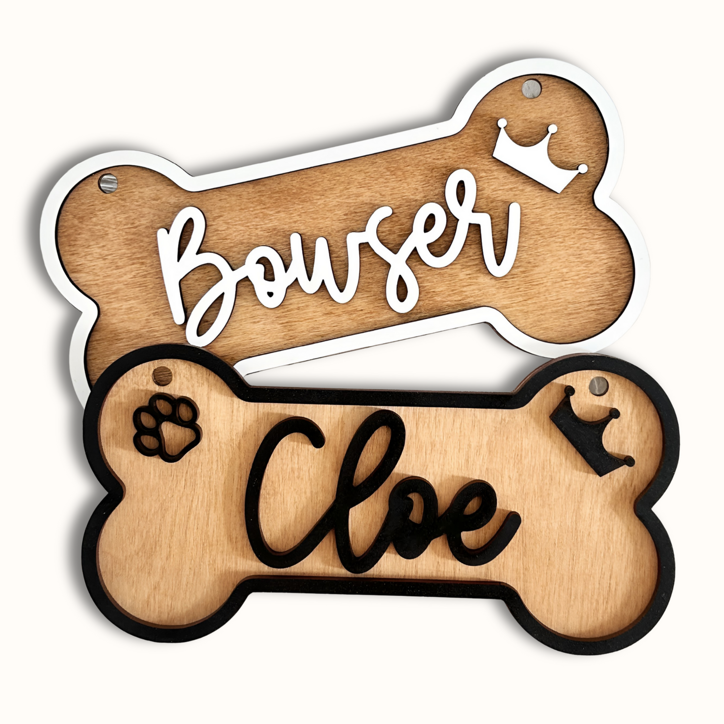 Personalized Dog Name Plaque – Custom 2-Layer Bone Shape Wooden Sign