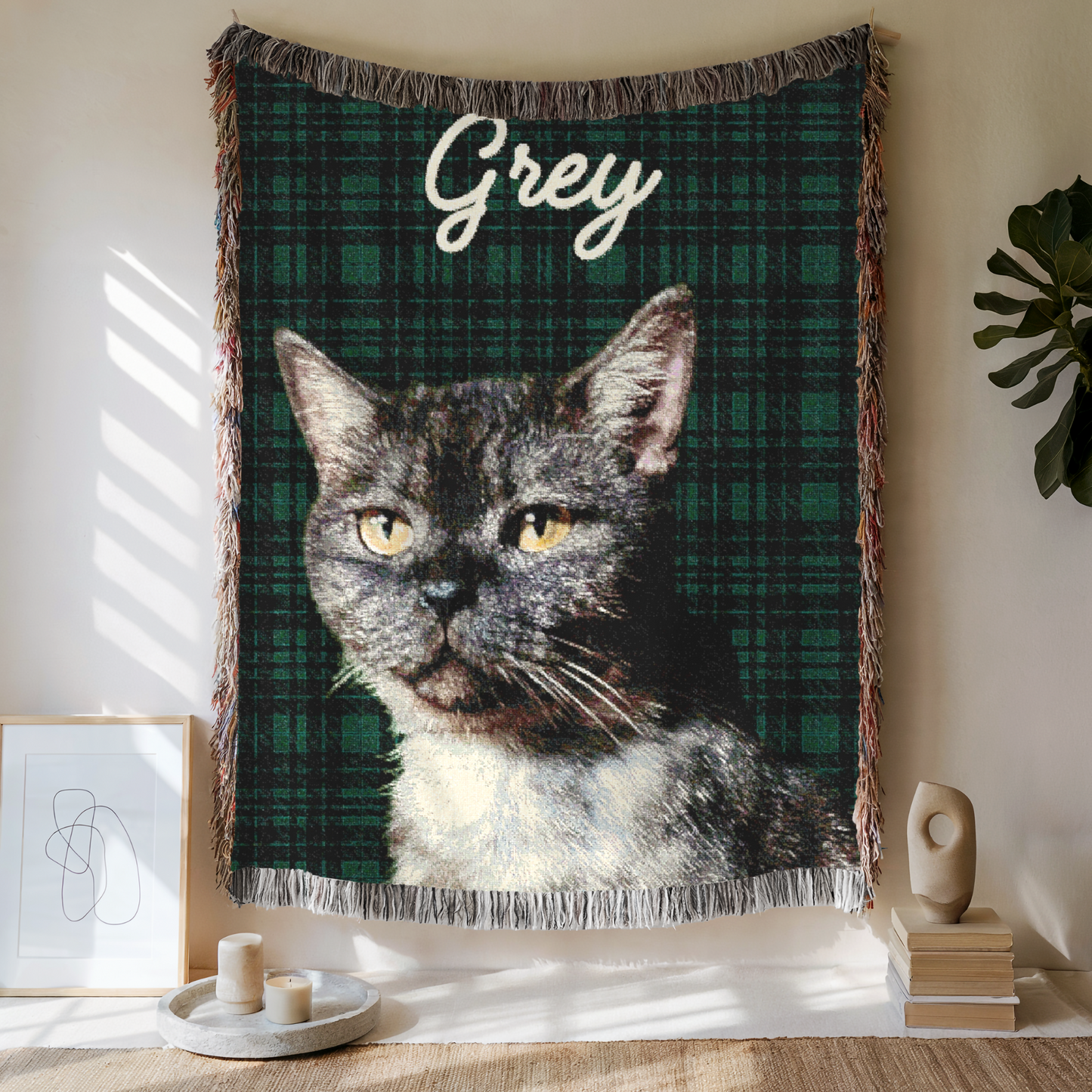 Custom Pet Plaid Woven Blanket, Custom Pet Photo And Name, Gift For Pet Lovers, Personalized Fringe Blanket