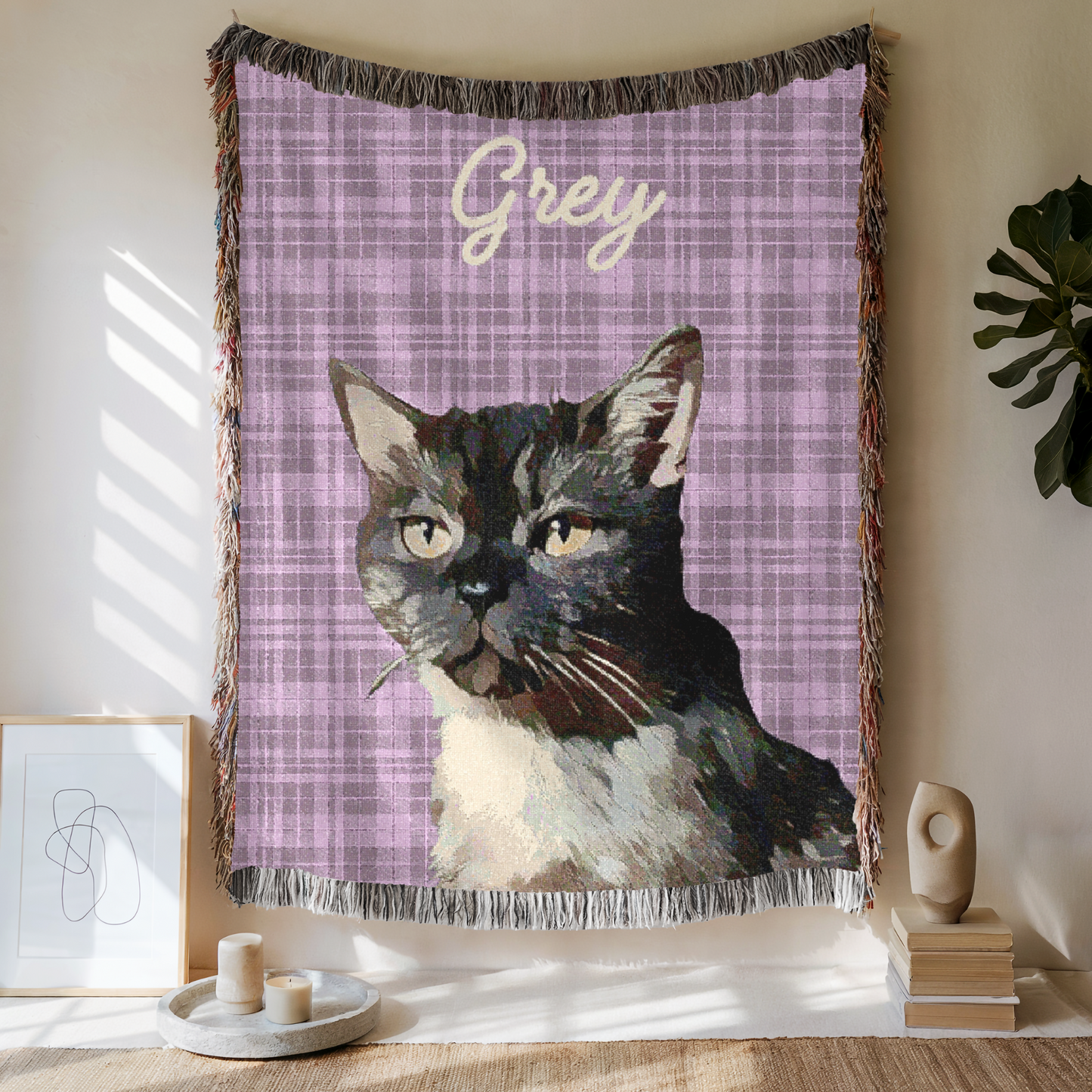 Custom Pet Plaid Woven Blanket, Custom Pet Photo And Name, Gift For Pet Lovers, Personalized Fringe Blanket