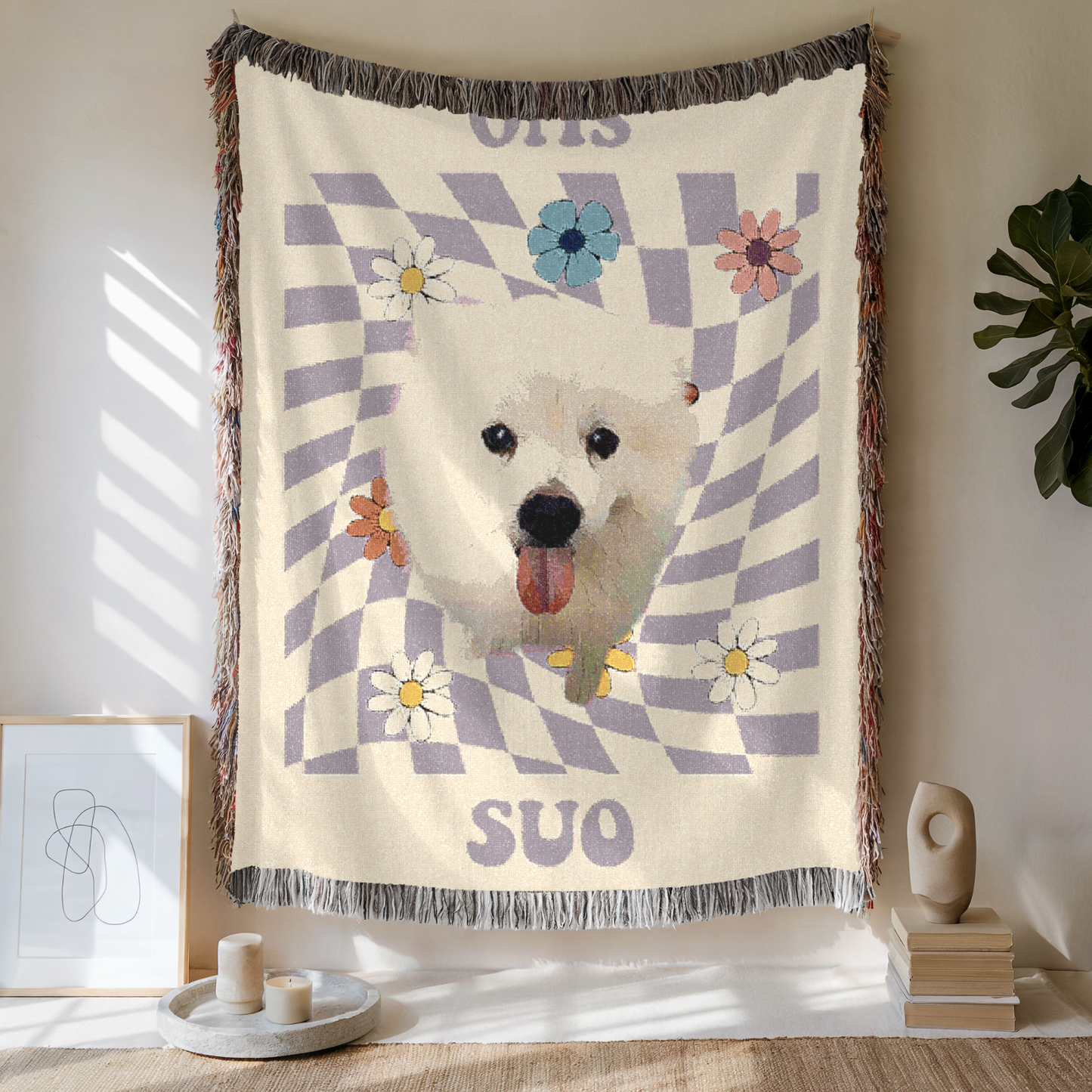 Custom Retro Daisy Grid Woven Blanket, Custom Pet Photo and Name, Gift For Pet Lovers