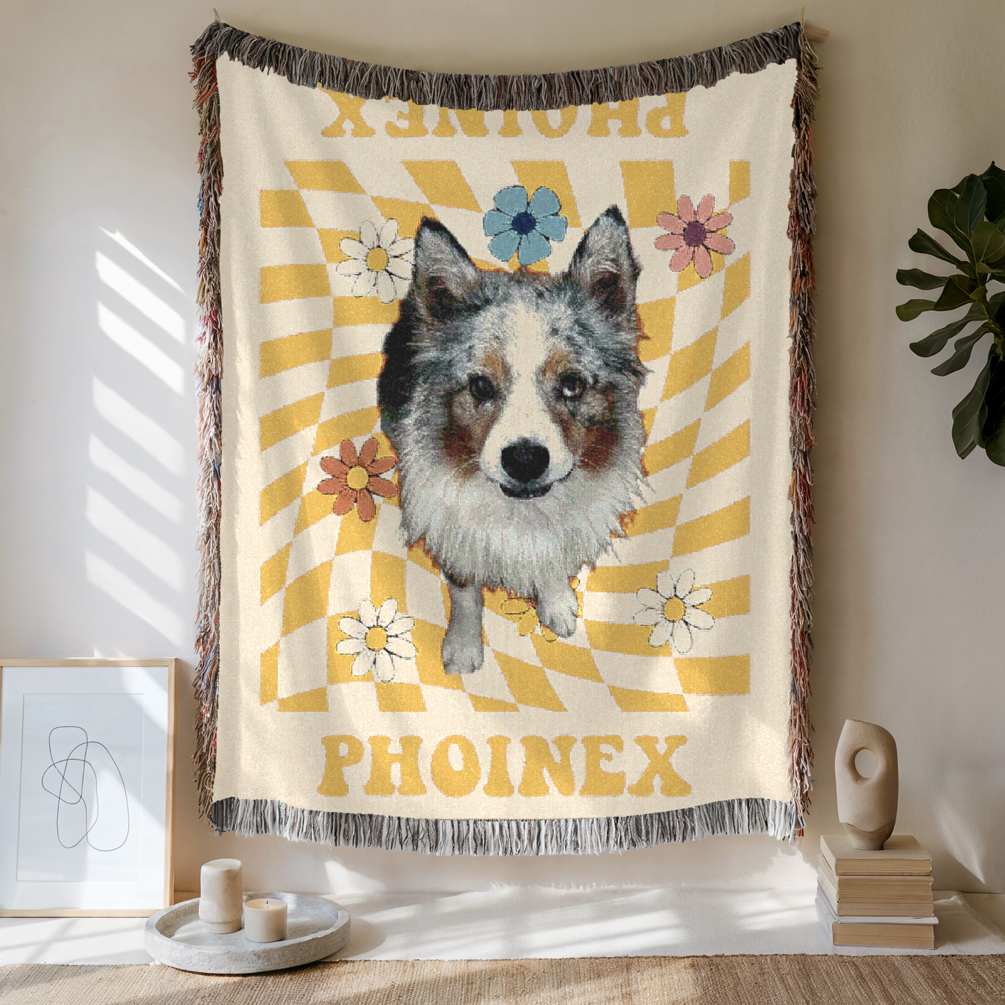 Custom Retro Daisy Grid Woven Blanket, Custom Pet Photo and Name, Gift For Pet Lovers