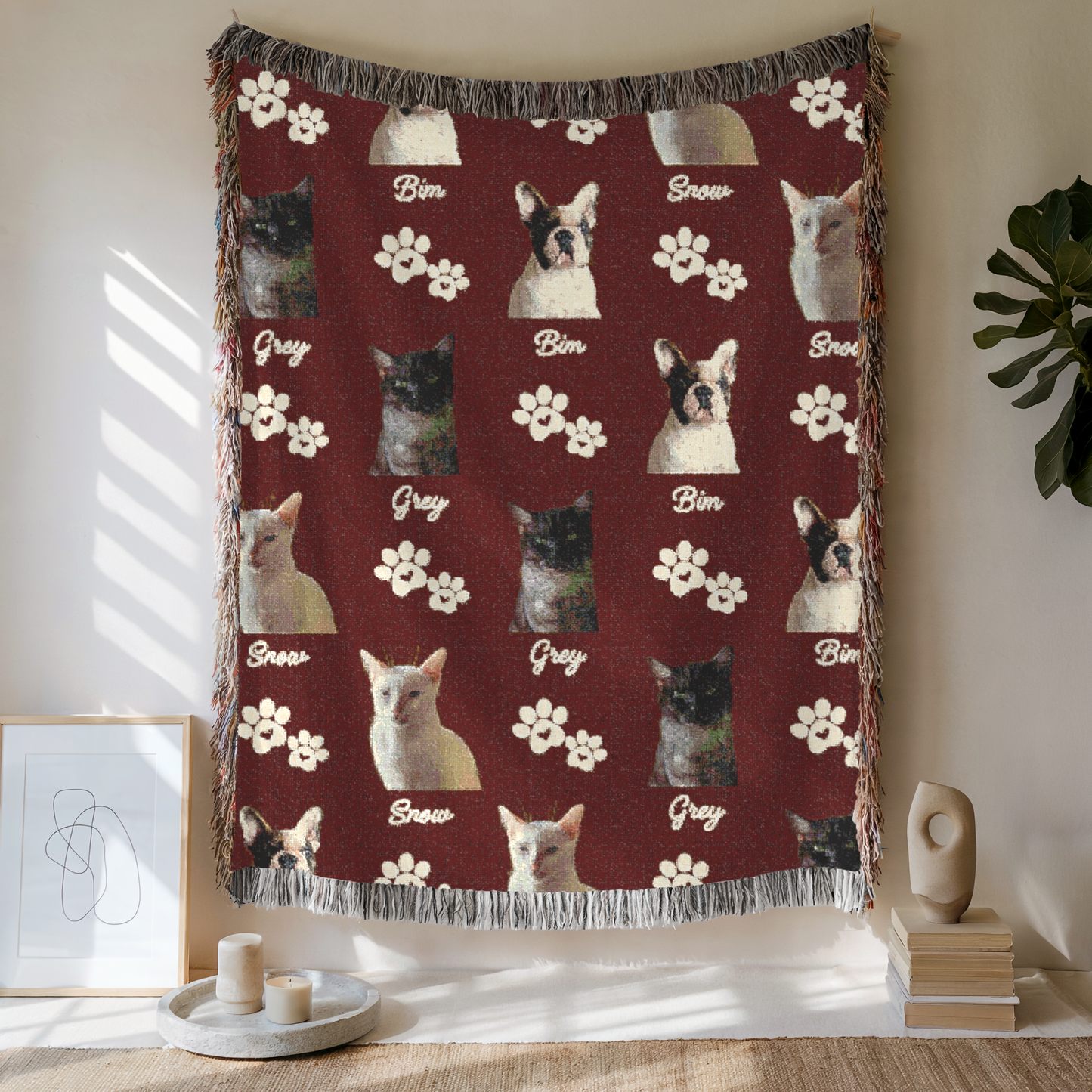 Custom Pet with Paw Woven Blanket, Custom Pet Photo And Name, Gift For Pet Lovers