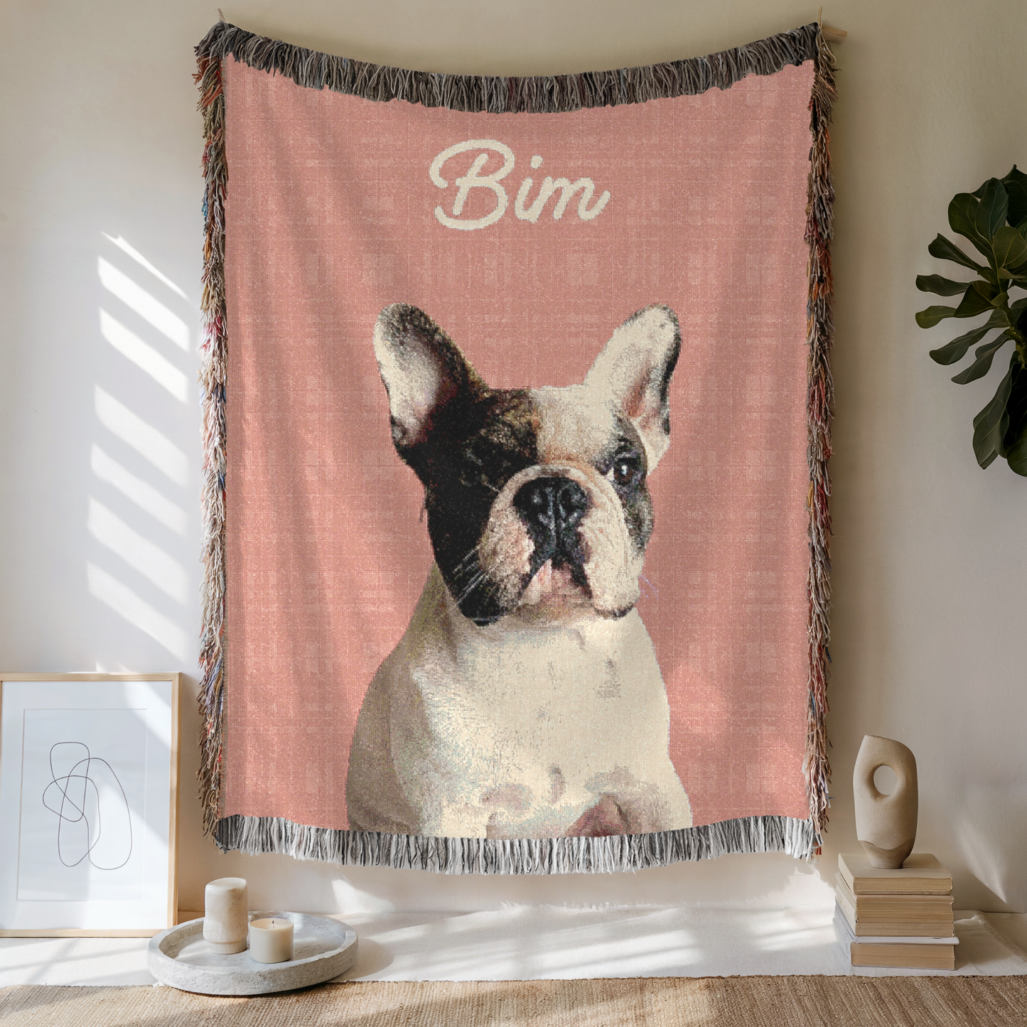 Custom Pet Plaid Woven Blanket, Custom Pet Photo And Name, Gift For Pet Lovers, Personalized Fringe Blanket