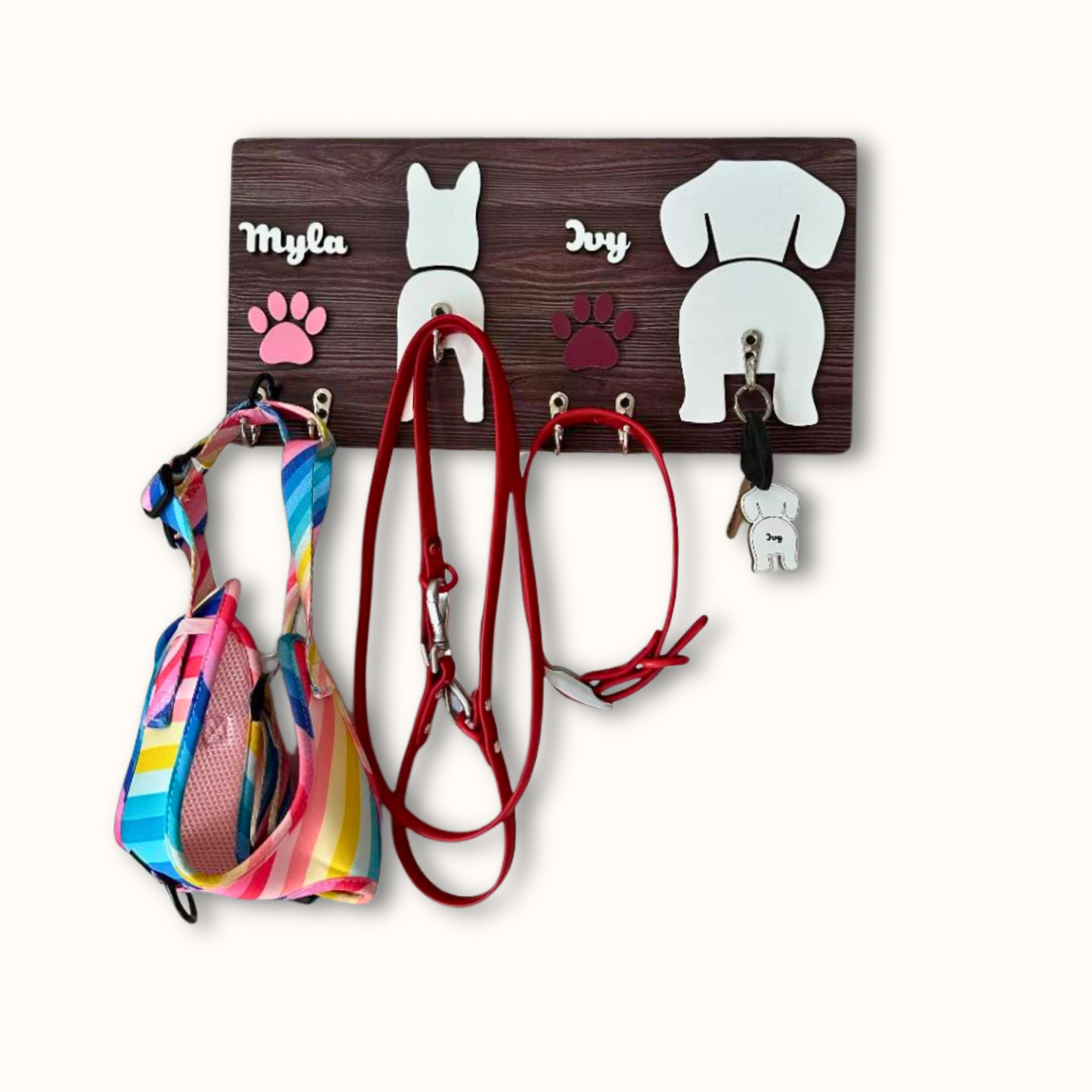Personalized Dog Leash & Key Holder – Custom 2-Layer Wooden Dog Silhouette