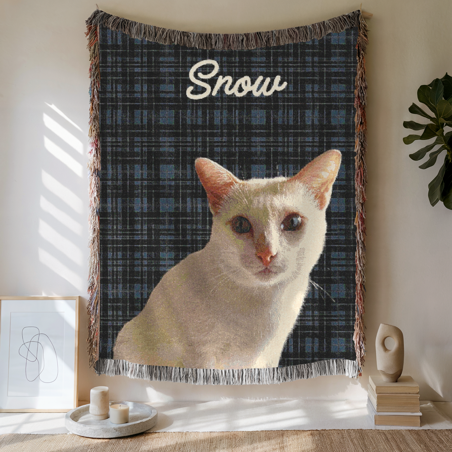 Custom Pet Plaid Woven Blanket, Custom Pet Photo And Name, Gift For Pet Lovers, Personalized Fringe Blanket