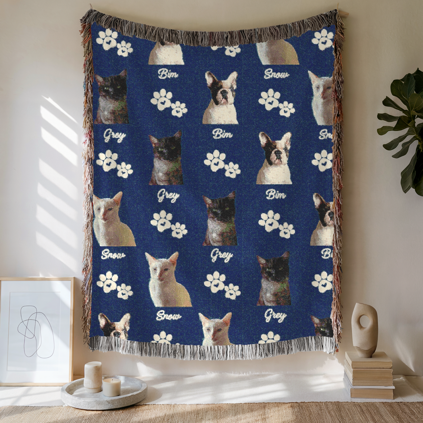 Custom Pet with Paw Woven Blanket, Custom Pet Photo And Name, Gift For Pet Lovers