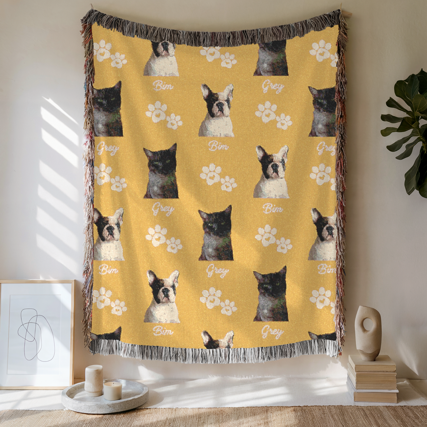 Custom Pet with Paw Woven Blanket, Custom Pet Photo And Name, Gift For Pet Lovers