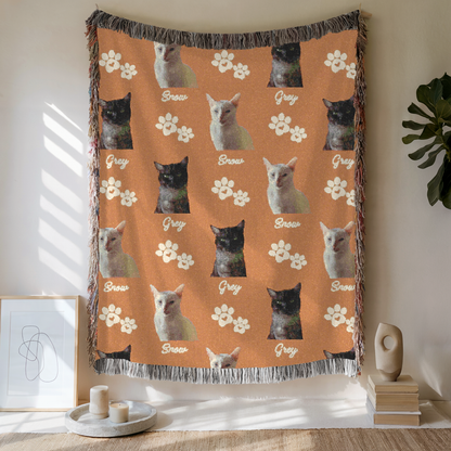 Custom Pet with Paw Woven Blanket, Custom Pet Photo And Name, Gift For Pet Lovers
