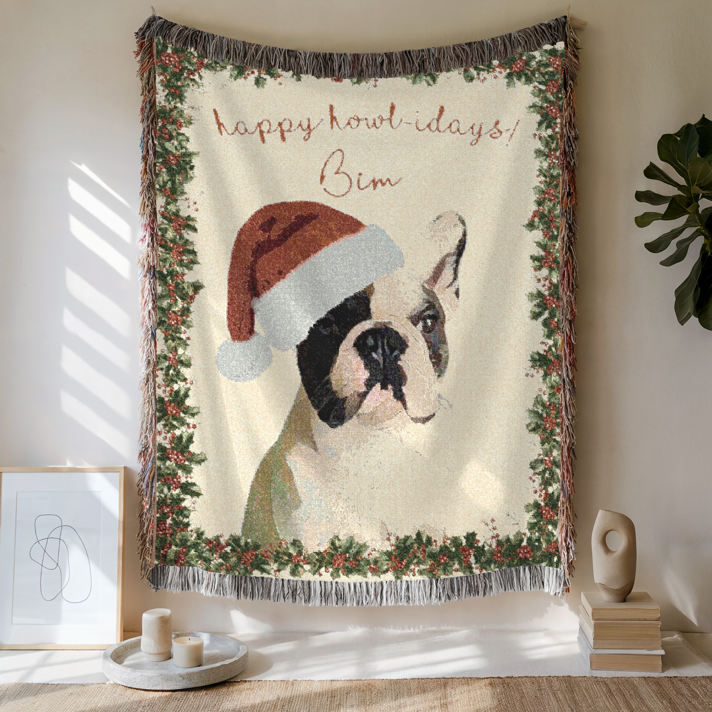 Custom Pet Happy Howlidays Woven Blanket, Custom Pet Photo And Name, Gift For Pet Lovers
