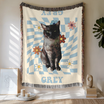 Custom Retro Daisy Grid Woven Blanket, Custom Pet Photo and Name, Gift For Pet Lovers