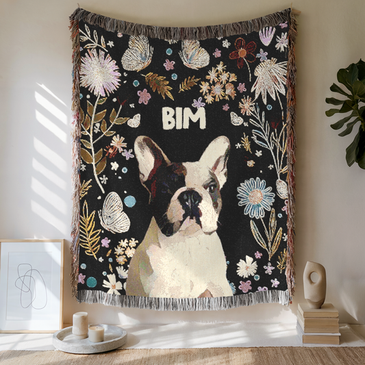 Custom Pet Floral Charm Woven Blanket, Custom Pet Photo And Name, Gift For Pet Lovers