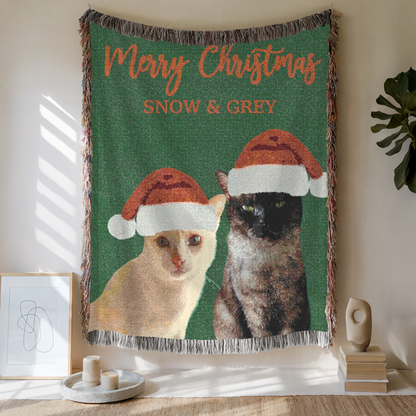 Custom Pet Portrait Christmas Woven Blanket, Custom Pet Photo And Name, Gift For Pet Lovers