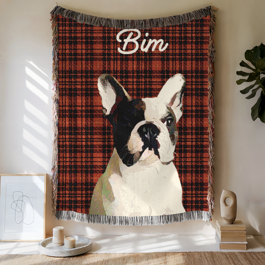 Custom Pet Plaid Woven Blanket, Custom Pet Photo And Name, Gift For Pet Lovers, Personalized Fringe Blanket
