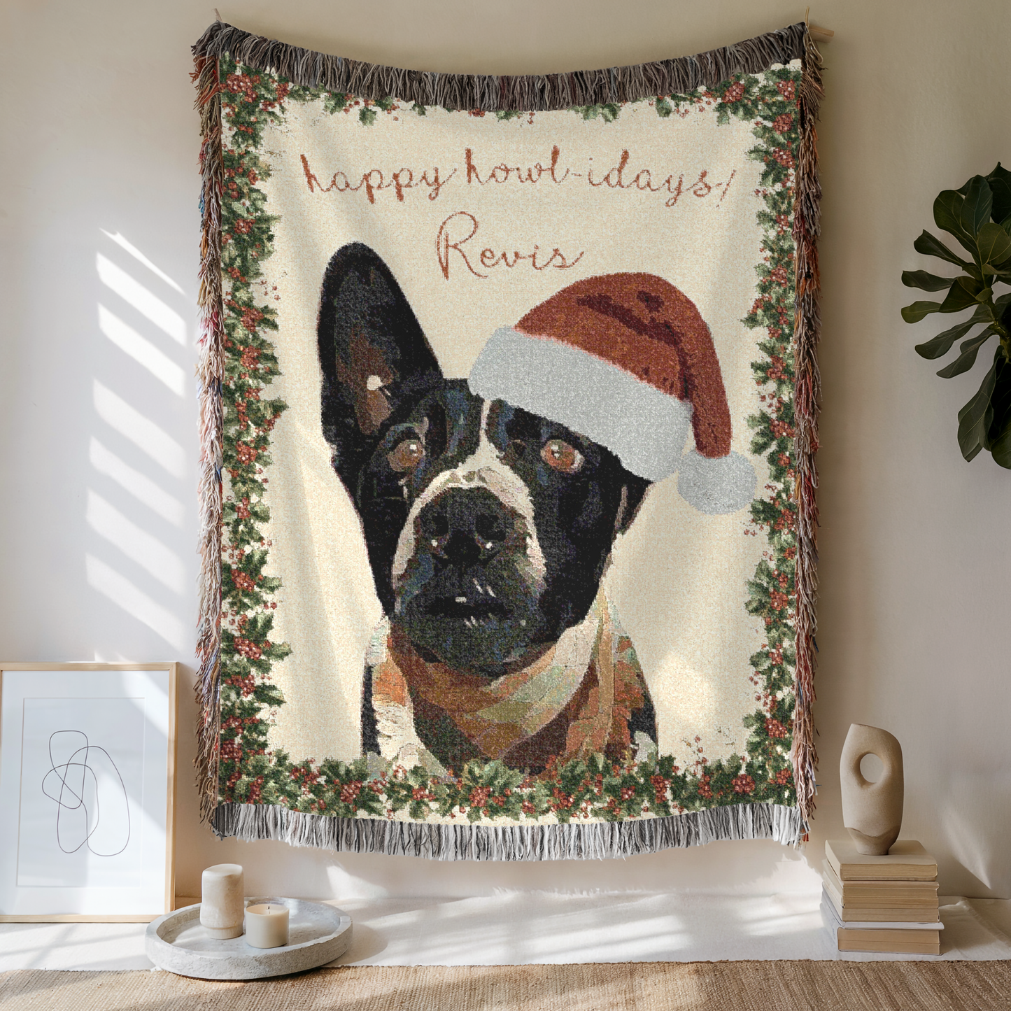 Custom Pet Happy Howlidays Woven Blanket, Custom Pet Photo And Name, Gift For Pet Lovers