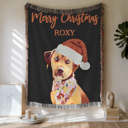Custom Pet Portrait Christmas Woven Blanket, Custom Pet Photo And Name, Gift For Pet Lovers