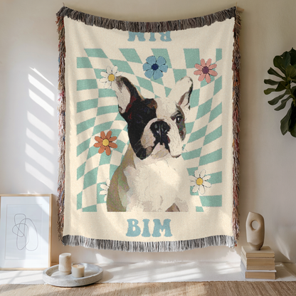 Custom Retro Daisy Grid Woven Blanket, Custom Pet Photo and Name, Gift For Pet Lovers