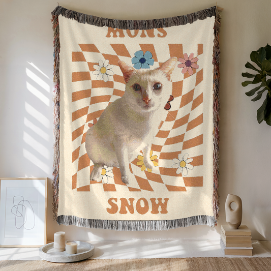 Custom Retro Daisy Grid Woven Blanket, Custom Pet Photo and Name, Gift For Pet Lovers