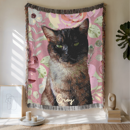Custom Pet Flower Woven Blanket, Custom Pet Photo And Name, Gift For Pet Lovers