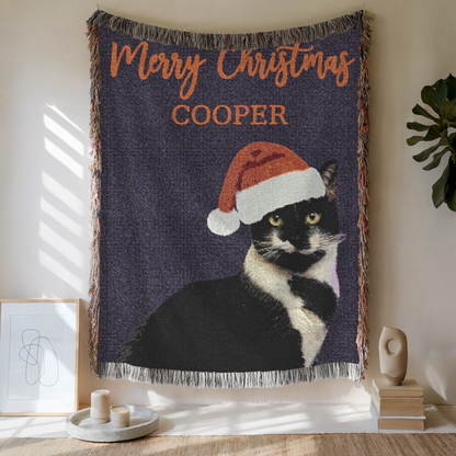 Custom Pet Portrait Christmas Woven Blanket, Custom Pet Photo And Name, Gift For Pet Lovers