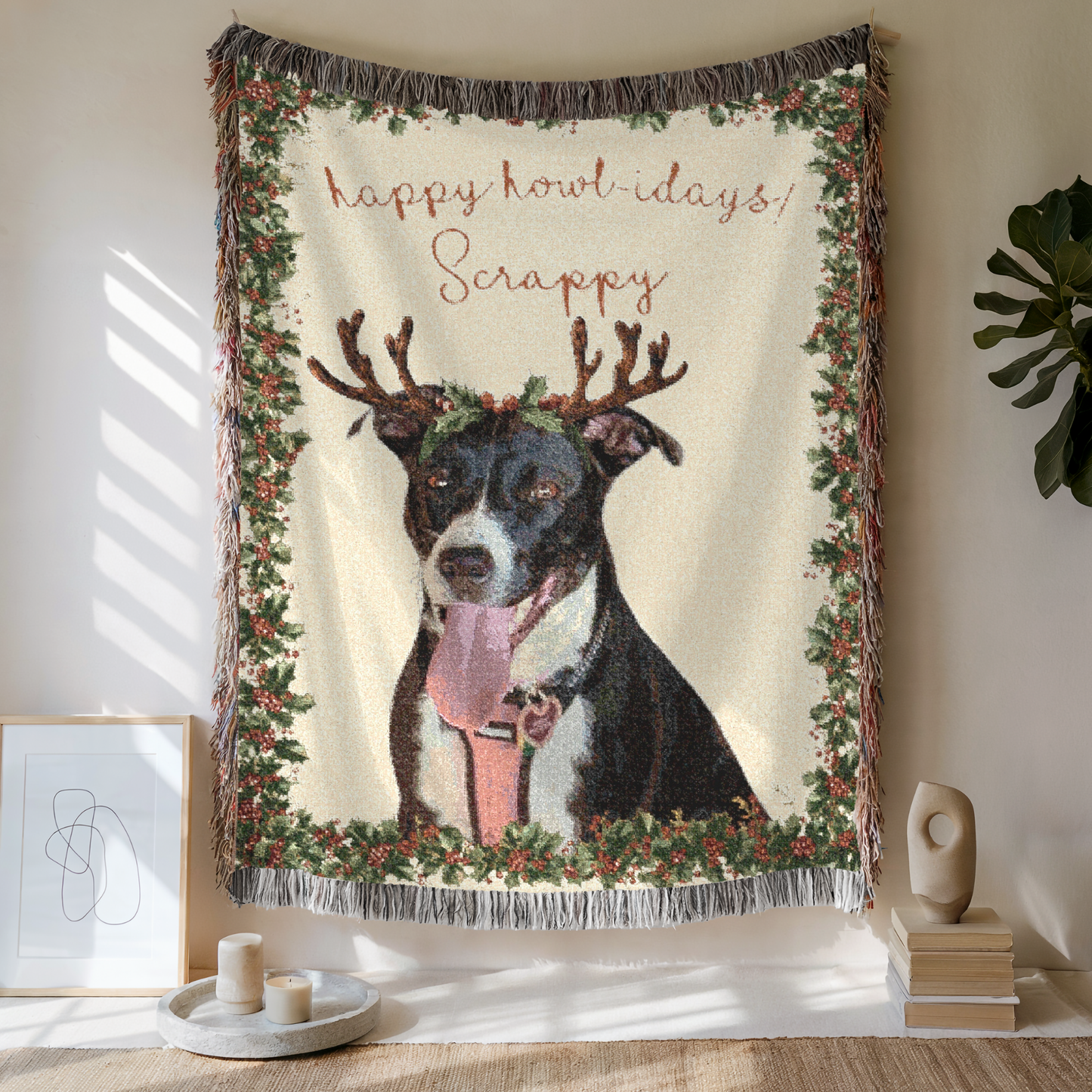 Custom Pet Happy Howlidays Woven Blanket, Custom Pet Photo And Name, Gift For Pet Lovers