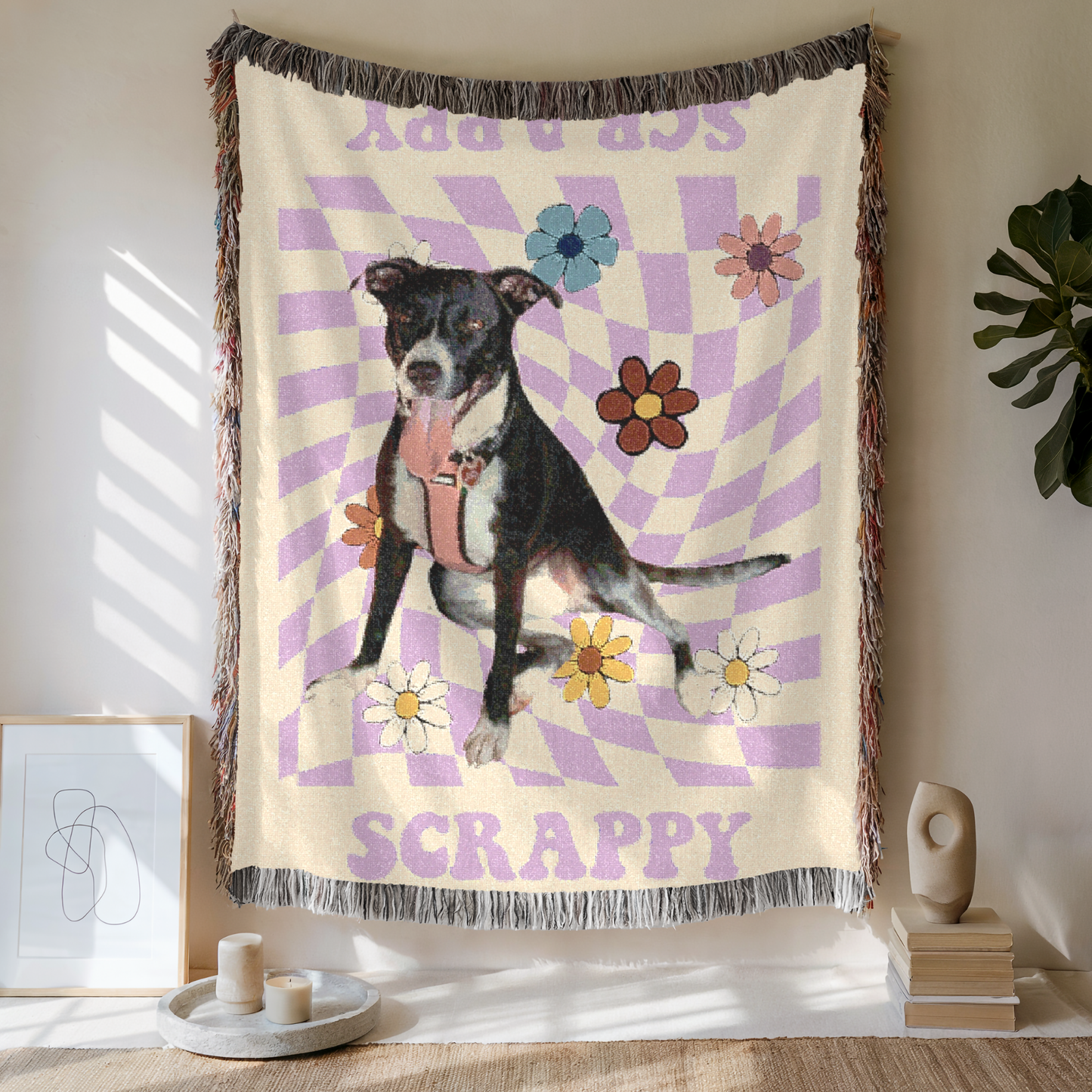 Custom Retro Daisy Grid Woven Blanket, Custom Pet Photo and Name, Gift For Pet Lovers