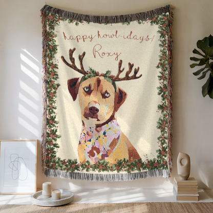 Custom Pet Happy Howlidays Woven Blanket, Custom Pet Photo And Name, Gift For Pet Lovers