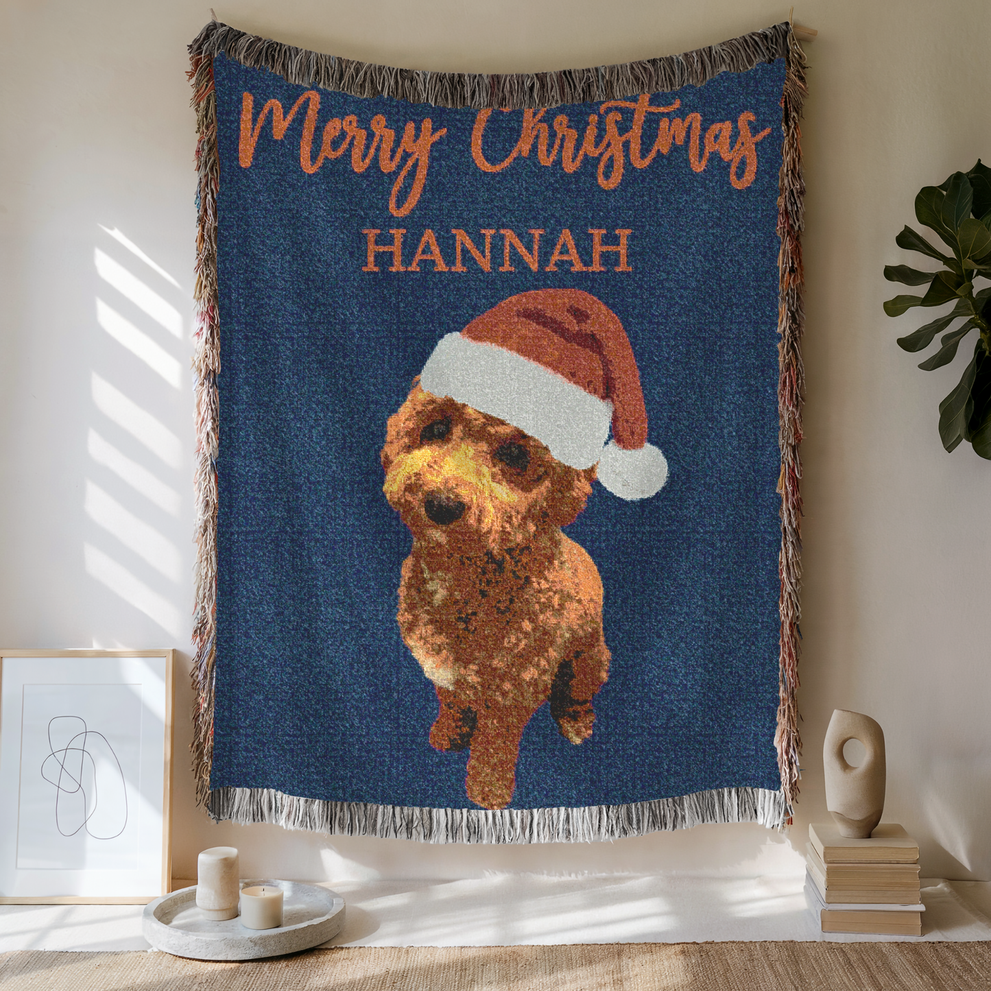 Custom Pet Portrait Christmas Woven Blanket, Custom Pet Photo And Name, Gift For Pet Lovers