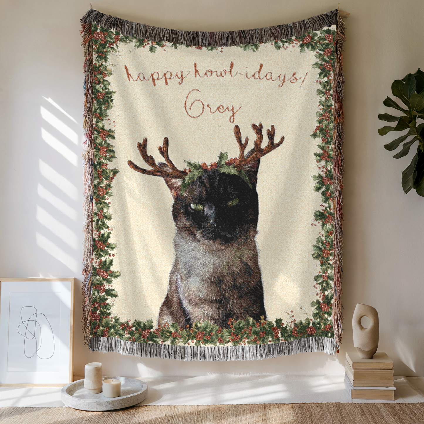 Custom Pet Happy Howlidays Woven Blanket, Custom Pet Photo And Name, Gift For Pet Lovers