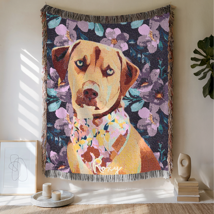 Custom Pet Flower Woven Blanket, Custom Pet Photo And Name, Gift For Pet Lovers
