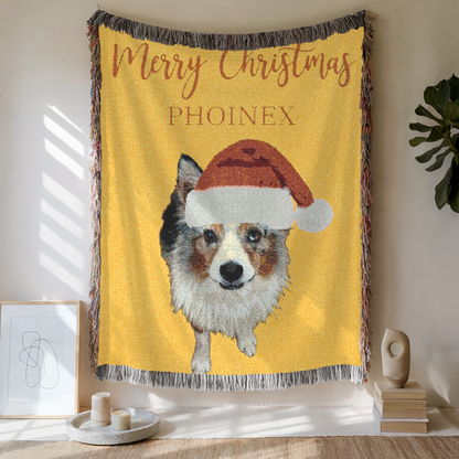Custom Pet Portrait Christmas Woven Blanket, Custom Pet Photo And Name, Gift For Pet Lovers