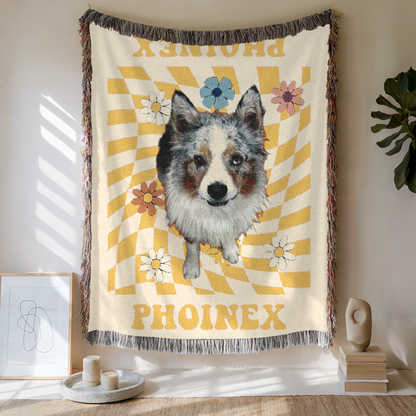Custom Retro Daisy Grid Woven Blanket, Custom Pet Photo and Name, Gift For Pet Lovers