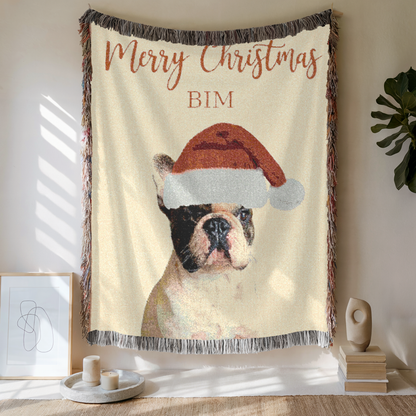 Custom Pet Portrait Christmas Woven Blanket, Custom Pet Photo And Name, Gift For Pet Lovers