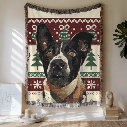 Custom Pet Portrait The Festive Woven Blanket, Custom Pet Photo And Name, Gift For Pet Lovers