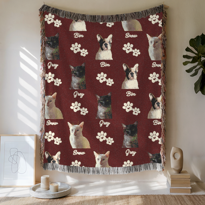 Custom Pet with Paw Woven Blanket, Custom Pet Photo And Name, Gift For Pet Lovers