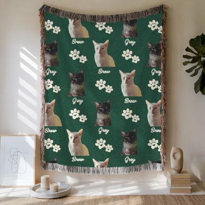 Custom Pet with Paw Woven Blanket, Custom Pet Photo And Name, Gift For Pet Lovers