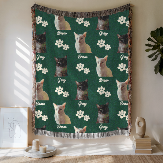 Custom Pet with Paw Woven Blanket, Custom Pet Photo And Name, Gift For Pet Lovers