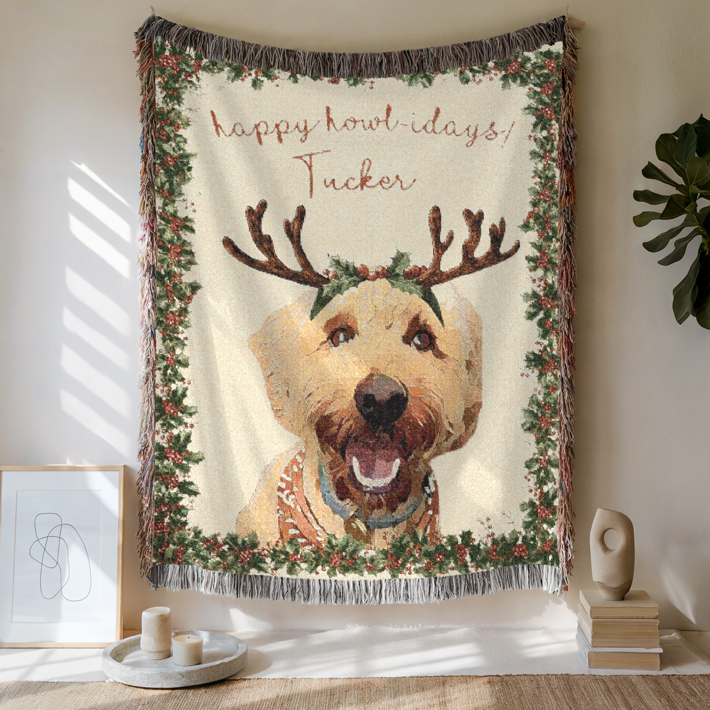 Custom Pet Happy Howlidays Woven Blanket, Custom Pet Photo And Name, Gift For Pet Lovers