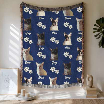Custom Pet with Paw Woven Blanket, Custom Pet Photo And Name, Gift For Pet Lovers