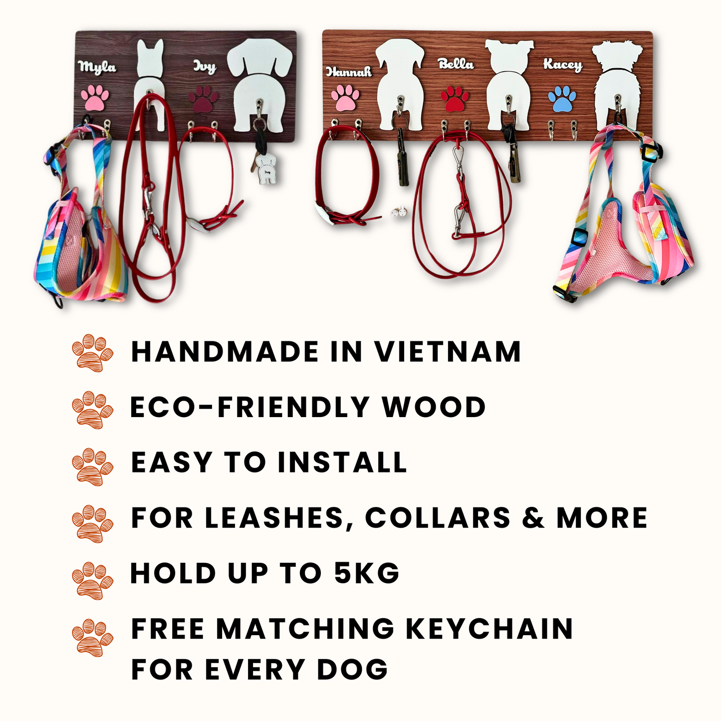 Personalized Dog Leash & Key Holder – Custom 2-Layer Wooden Dog Silhouette